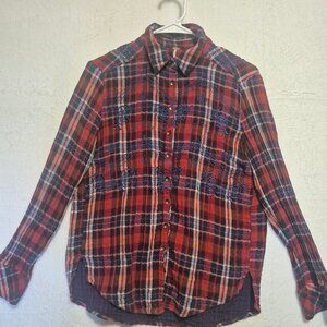 Free People XS Plaid Flannel Embroidered Gauzy Oversized Western Button Down